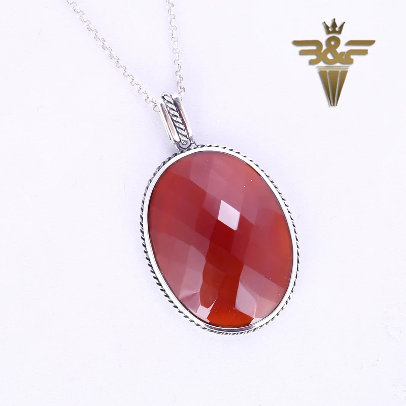 

Private Custom Silver 925 Natural Stone Jewelry Red Agate Implication of happiness Women Sweater Chain Pendant 41x32x9mm 23.28g