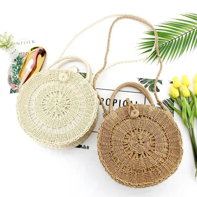 جولة المنسوجة حقيبة شاطئية اليدوية النساء حقائب كتف البوهيمي الصيف القش حقيبة الإناث حقيبة يد رسول Crossbody أكياس حمل