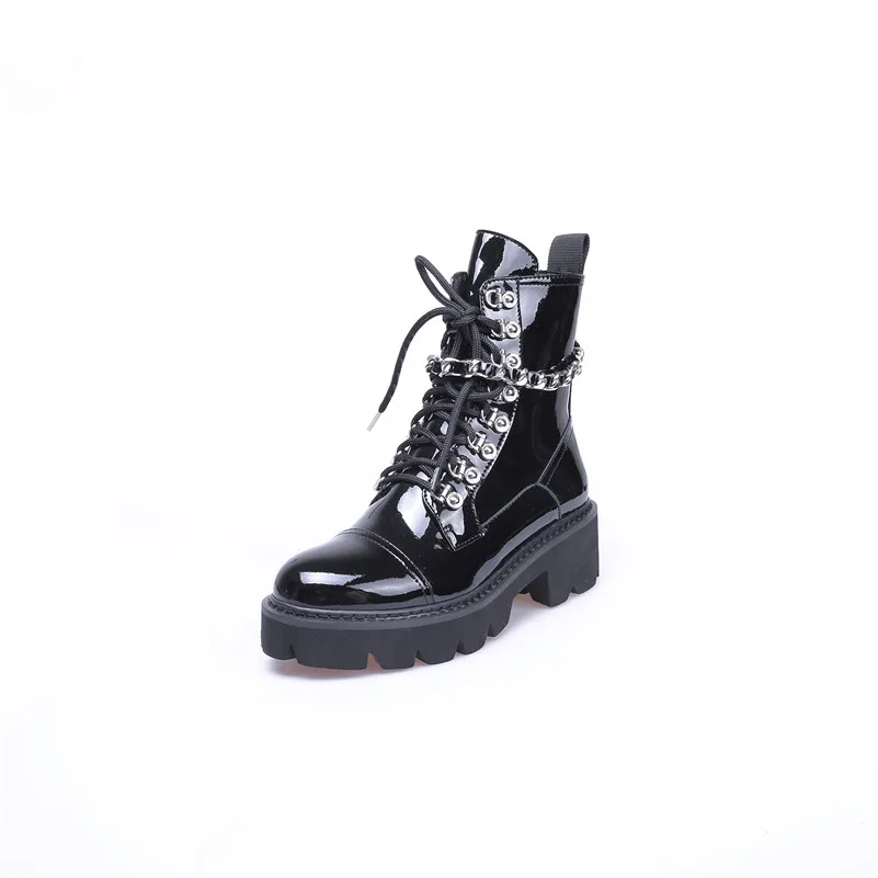 BuonoScarpe/модные женские ботинки из лакированной кожи в стиле панк; ботинки в байкерском стиле на шнуровке с цепочками; женские Ботинки martin на толстой платформе