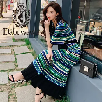 

Dabuwawa New Summer Women's Sexy V-neck Fashion Striped Split Pleated Midi Long Knitted Dress DN1BDR152