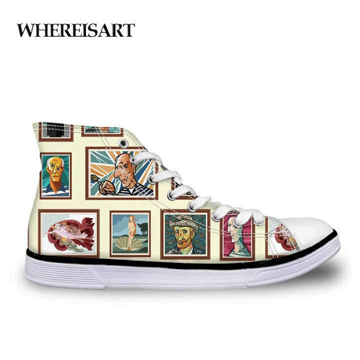 

WHEREISART Women Canvas Shoes High Top Vulcanized Shoe Painting Pattern Travel Flats Sneakers Autumn Walking Flats Dropshipping