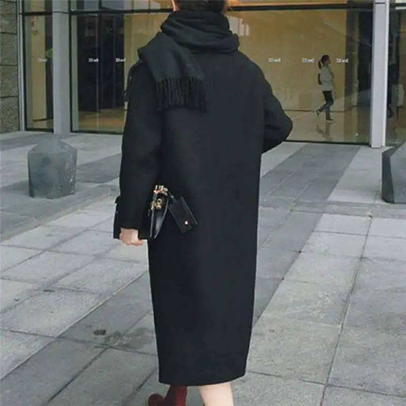 Women Solid long Coat Long Sleeve Pocket Wool Blend Coat UK Version Autumn Winter Classic Simple Wool Maxi Long Coat