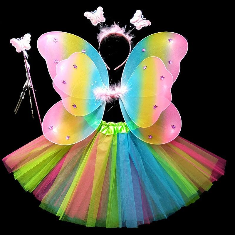 Coshome Children Butterfly Cosplay Princess Costumes Baby Boys Girls Kids Stage Performance Wings+Skirt+Headdress+Wands 4pcsSet (2)