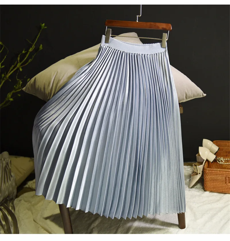 Весенние длинные юбки, женская брендовая модная плиссированная юбка с высокой талией, металлическая расцветка, большая свободная повседневная юбка средней длины, Saia Faldas Mujer