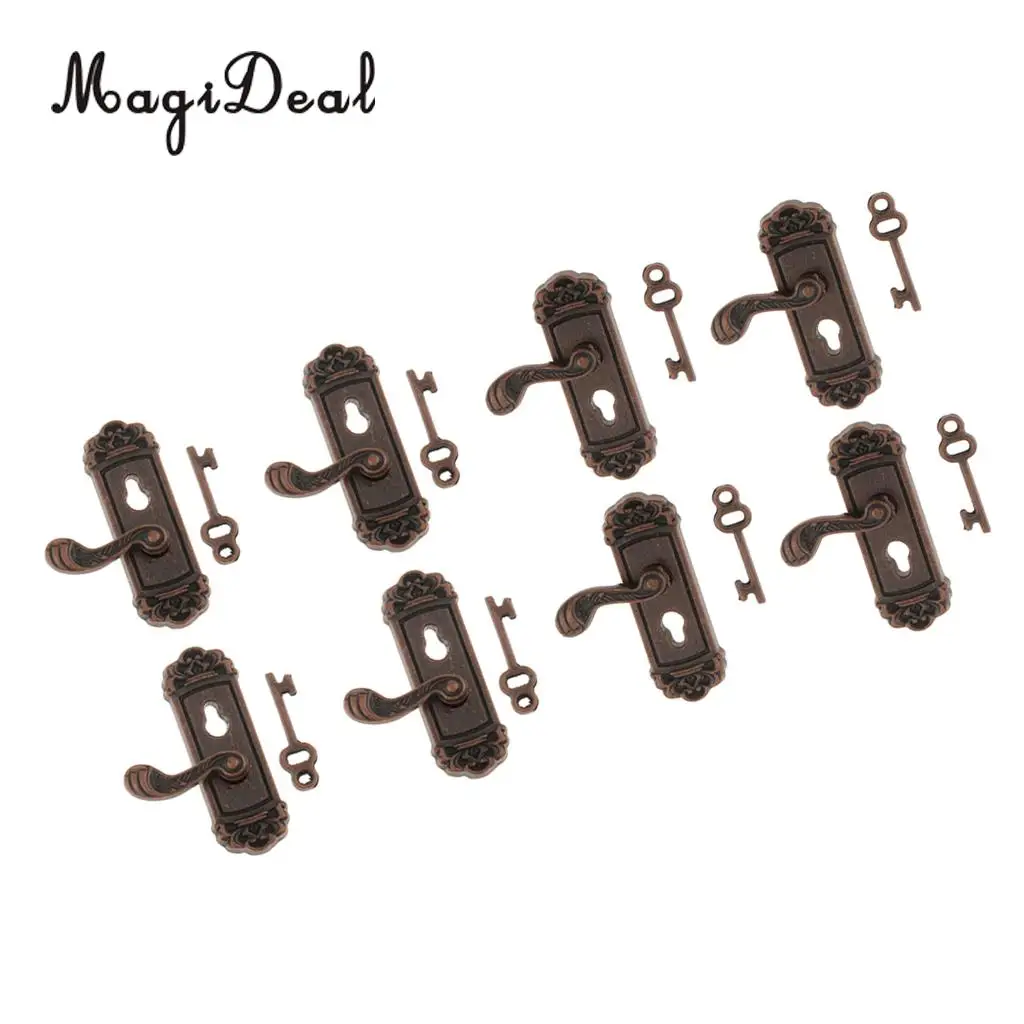 8 Pieces 1/12 Scale Dollhouse Miniature Vintage Door Locks Keys Right Left Handles DIY Scene Accessories