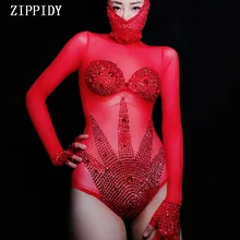 Блестящие красные стразы, сетчатый боди для выступлений, танцевальный наряд для женщин, для бара, для танцев, для сцены, вечерние, сексуальный костюм для праздника, платье