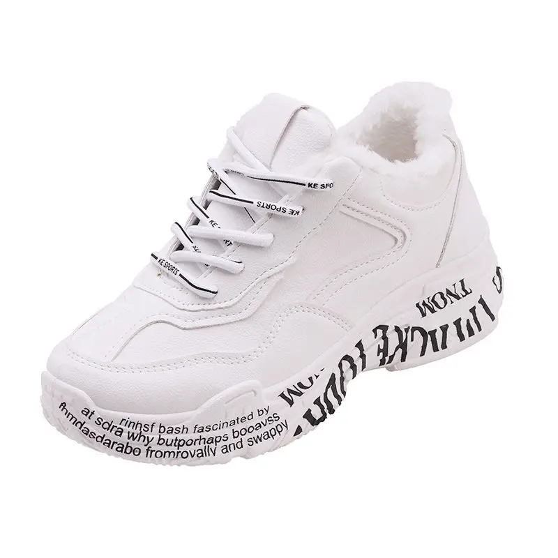 Women's sports shoes spring white color PU lace flat running shoes women's thick bottom increased walking dad shoes MM-87