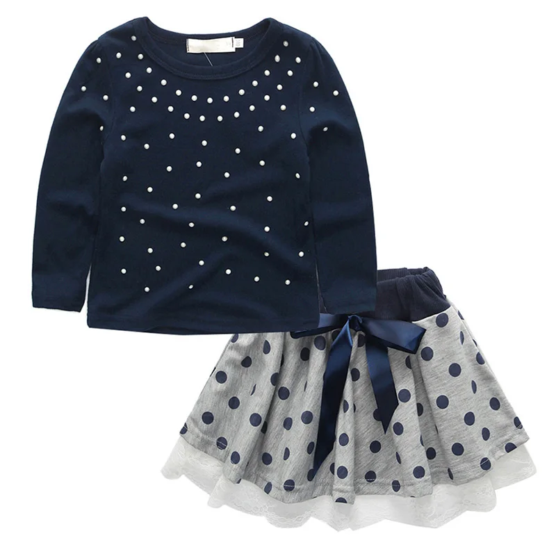 

Abckids New Baby Girl Long Sleeve Polka Dot Pattern Shirt Blouse Mini Skirt 2 Pcs Casual Toddler Outfits Set