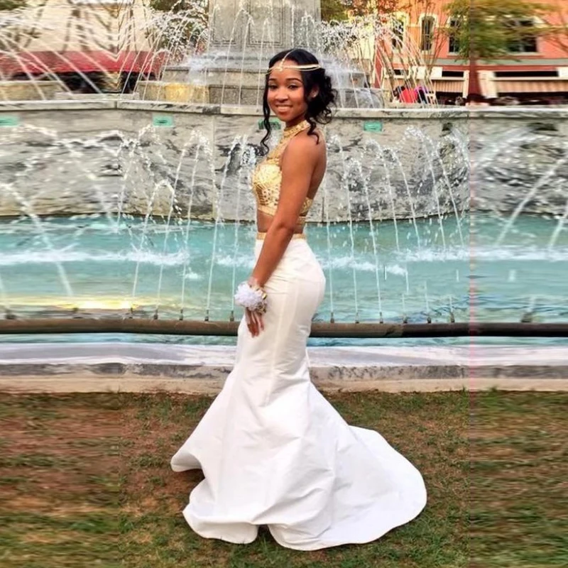 149.99Charming Halter Gold Beads Long White Mermaid Two Piece Prom Dresses 2017 Formal Evening Gown Spring Couture Vestido De Festa