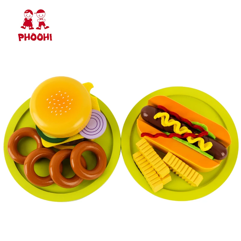 Wooden Fast Food Toy Children Simulation Hamburger Hotdog Pretend Play Food Set Toy For Kids PHOOHI