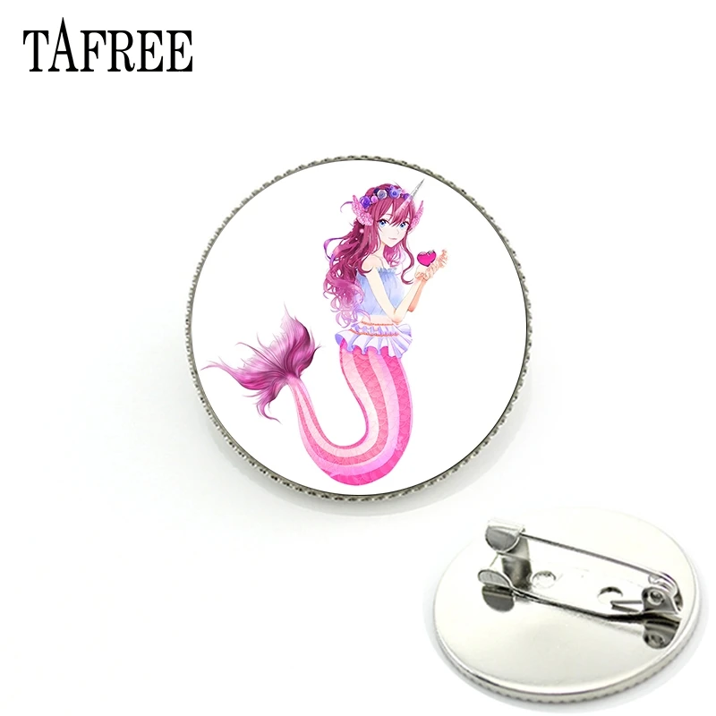 

TAFREE Mermaid Elves Brooches Men Women Girls Dress Accessories High Quality Pins Badges Glass Cabochon Handmade Round Jewelry