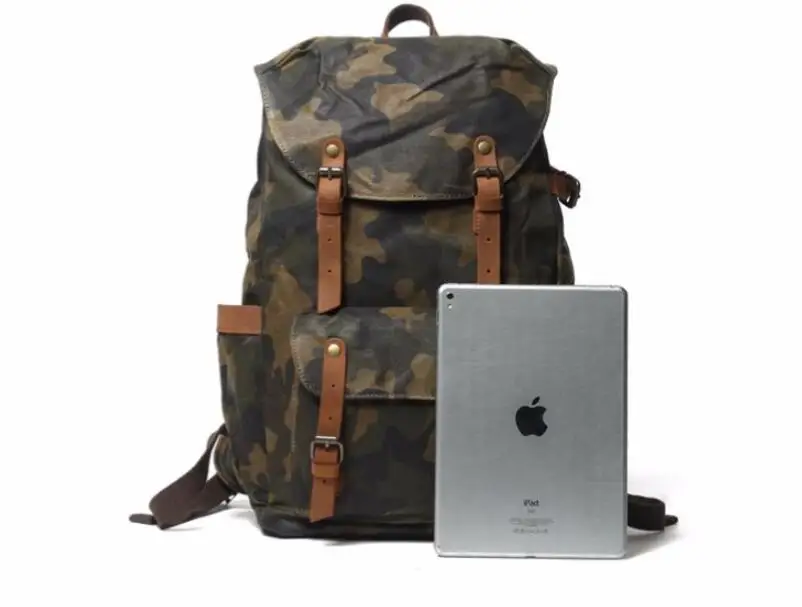 Men Vintage Waterproof Travel Camouflage Backpack Retro High Quality Wax Canvas School Bag Teenager College Leisure Bookbag