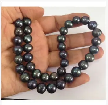 

12-13MM natural south sea baroque black green pearl necklace 18''