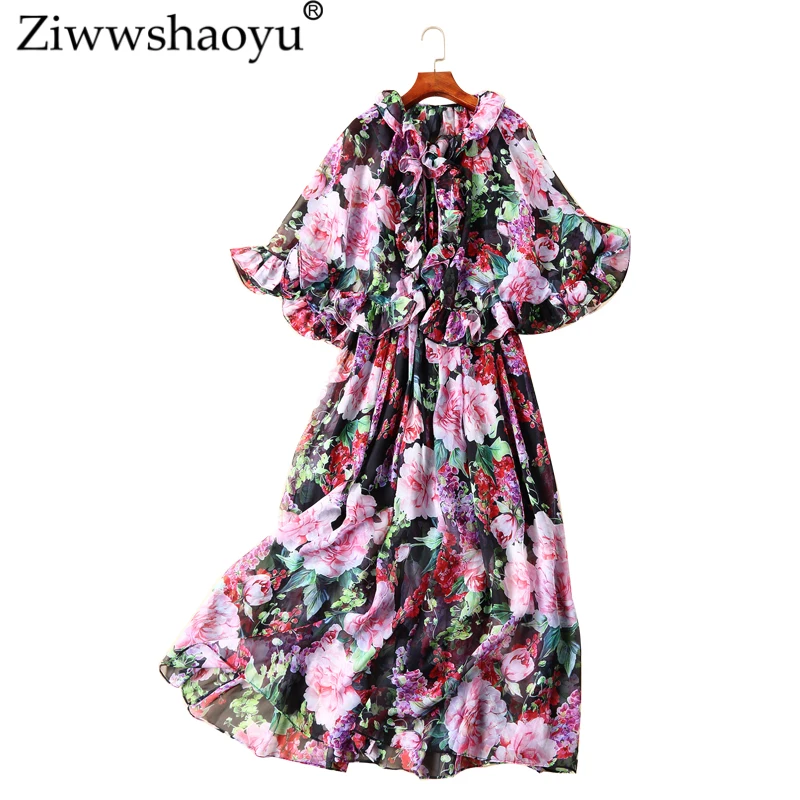 

ZiwwshaoyuNoble Print dress+ cloak Two-piece England Style Ruffles Cloak Sleeves temperament Big pendulum Dresses 2019 new women