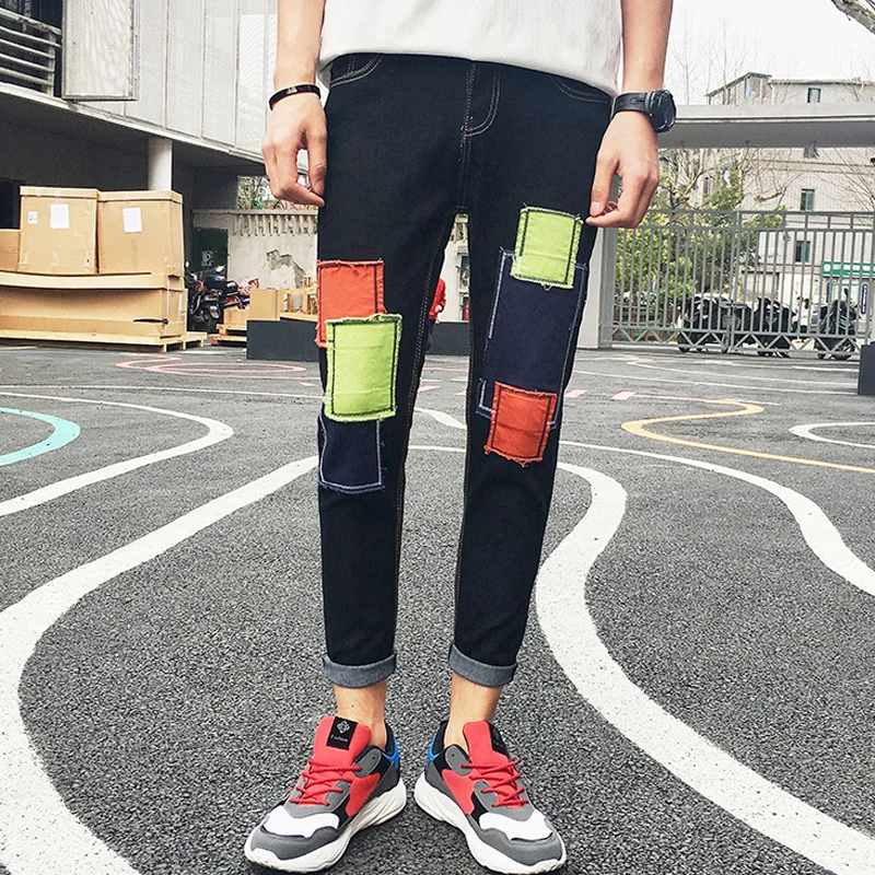 

Monsoon Summer Retro Tide Nine Minutes Jeans Patch Men's Korean Bottom Trousers Junior Spring and Autumn Thin Pants