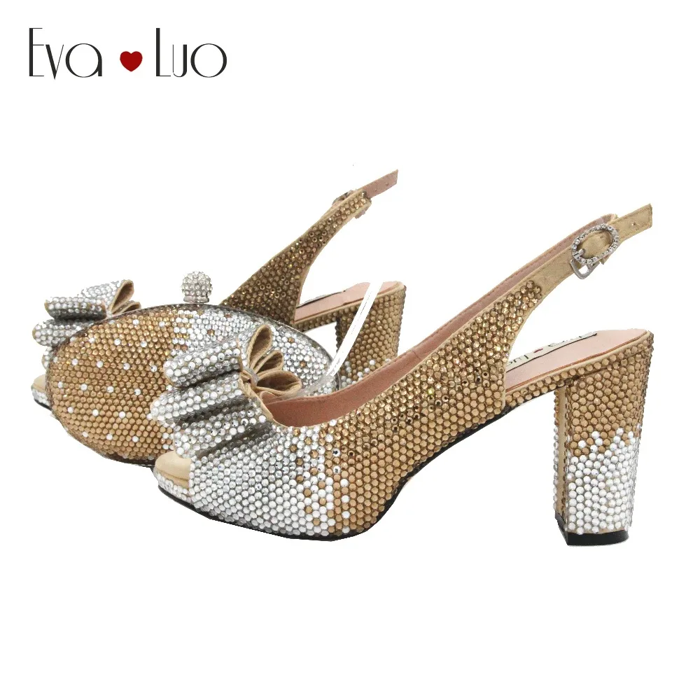 

BS950 DHL Custom Handmade Gold Silver Crystal Bow Shoes with Matching Bags Set Slingbacks Block Heel Women Bridal wedding Shoes