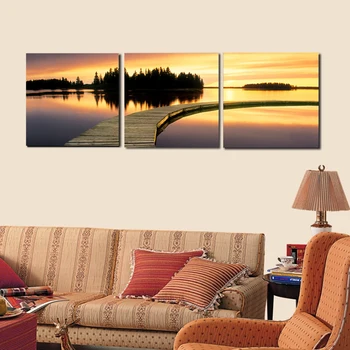 

3 Pieces Painting Abstract Dusk Scenery Wall Art Pictures Set The Wooden Bridge In Lake Canvas Print For Modern Decor NO FRAME