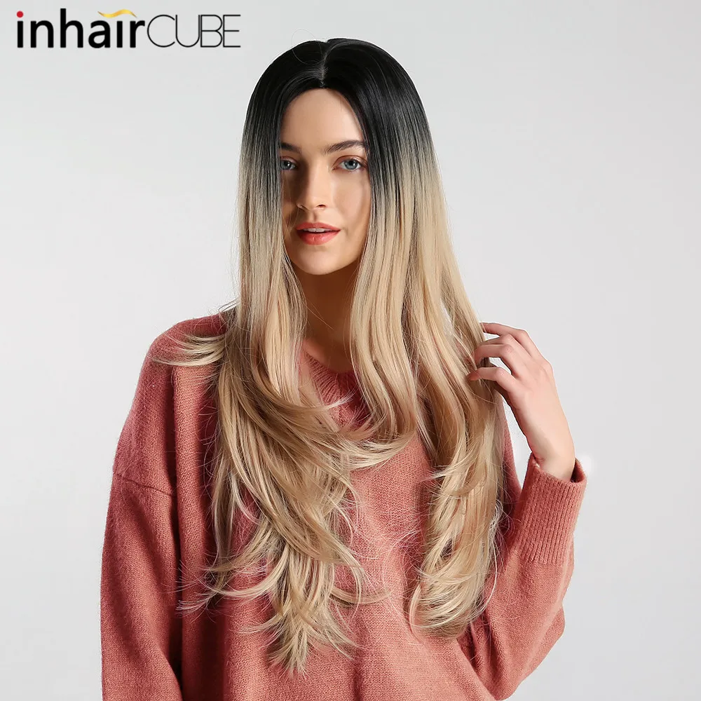 

Inhair Cube 24 Inches Dark Roots Long Natural Wave Synthetic Wigs With Mid Parting Bangs Mixed Blonde Simulation Scalp For Women