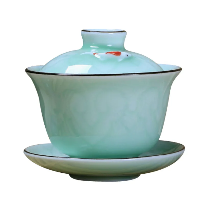 Gaiwan Карп/Золотая рыбка фарфоровая супница керамическая чашка миска блюдце с крышкой - Цвет: Blue Carp fish