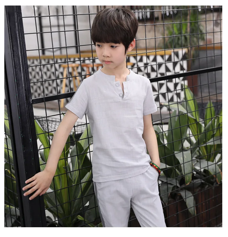kids 2pcs sets solid o-neck cotton linen tops t shirts for boys sport suits fashion boys clothes children summer 2018 clothing (12)