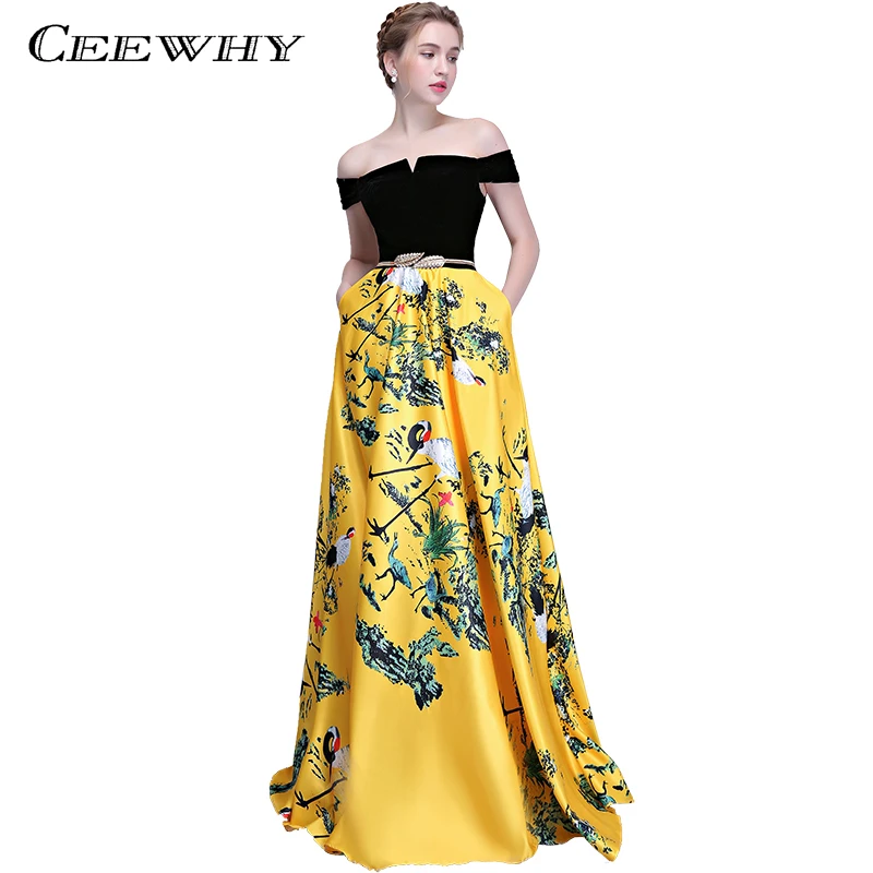 CEEWHY Patchwork Printed Prom Dresses Boat Neck Elegant Evening Dress Long Robe de Soiree Floor Length Evening Gown Abendkleider CEEWHY Patchwork Printed Prom Dresses Boat Neck Elegant Evening Dress Long Robe de Soiree Floor Length Evening Gown Abendkleider