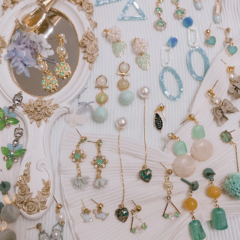 

HZ 2019 Korea Summer Green Blue Rhinestone Flower Beads Geometric Flower Tassel Long ElegantDrop Earrings New Earrings for Women