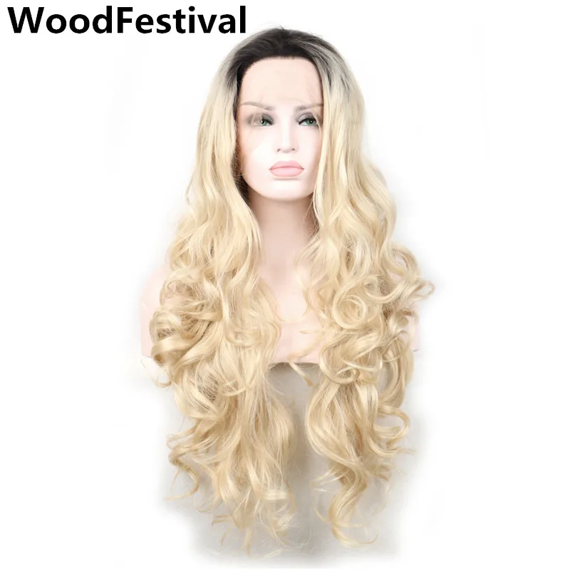 synthetic lace front wig ombre blonde wigs black roots long lace front wig heat resistant women hair wigs wavy WoodFestival