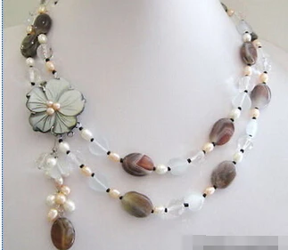 

FREE SHIPPINGGenuine Multicolor Agate White Pearl Opal Shell Flower Clasp Necklace