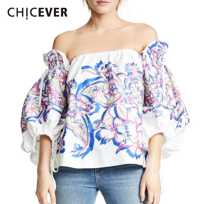 

CHICEVER Summer Sexy Slash Neck Off Shoulder Print Women's Blouse Patchwork Bow Lantern Sleeve Plus Size Female Shirt 2019 New