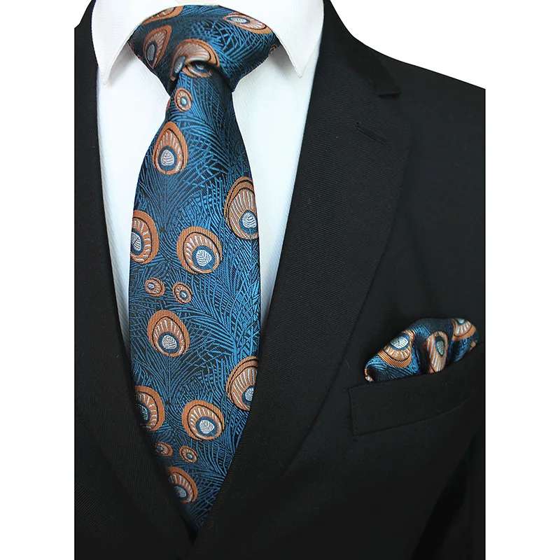

RBOCOTT Peacock Feathers Pattern Necktie With Handkerchief Set For Men Men's Tie 8cm Pocket Square Red Blue Green For Wedding