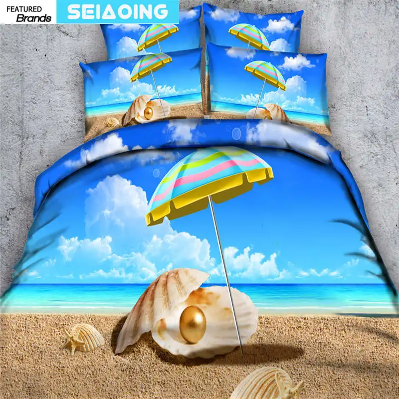 

blue sea shell printed bedding set queen size beach scenic fresh duvet cover 3/4pc single full king size bed clothes pillowcase
