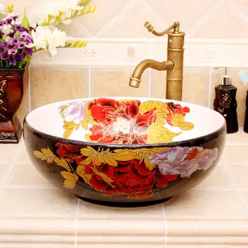 

China Painting cordate telosma Ceramic Painting Art Lavabo Bathroom Vessel Sinks Round counter top hair wash sink