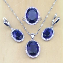 925 пробы серебряные ювелирные изделия синий кубический цирконий Белый CZ Ювелирные наборы для женщин Свадебные серьги/кулон/ожерелье/кольца