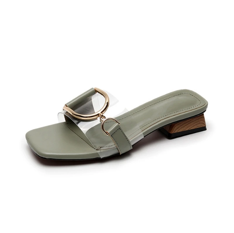 Bailehou/женские летние пляжные тапки; большие размеры 35-43; женские шлепанцы с металлической пряжкой; прозрачные шлепанцы на низком каблуке; сандалии - Цвет: Зеленый
