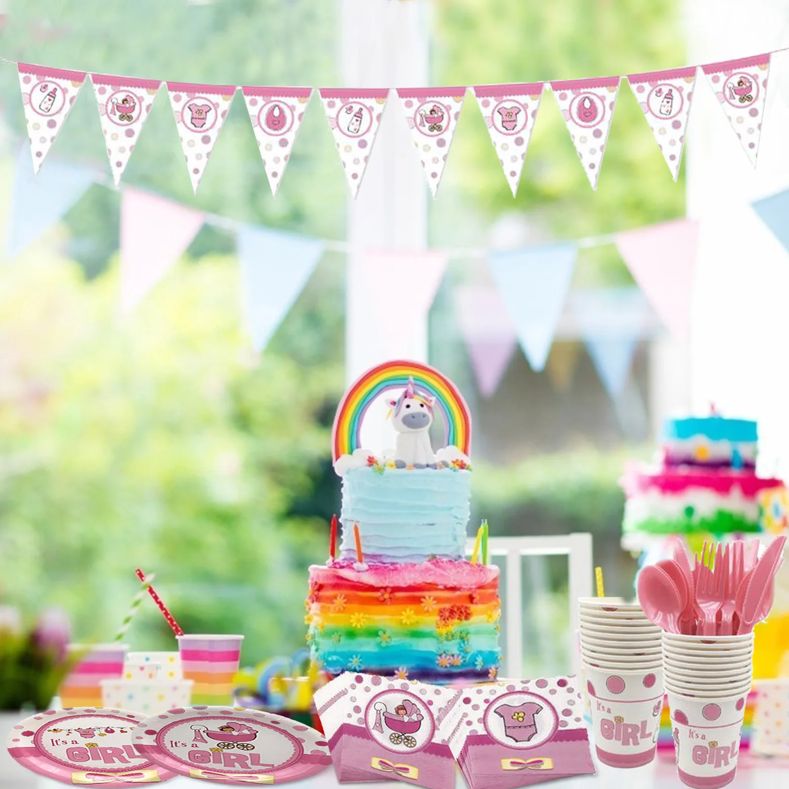 Unisex Disposable Plates Cups Napkins Knifes Fork Tableware Set Boy or Girl Gender Reveal Theme Party Birthday Baby Shower Decor