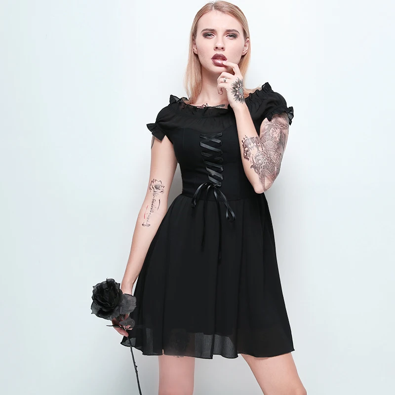 

Women Black Party Mini Dress Elegant Off Shoulder Sexy Dress Gothic Punk Bow Bandage Dresses Female Casual Mesh Lace Short Dress