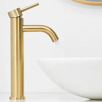 

304 Stainless Steel Brushed Gold Round Style Basin Water Tap Bathroom Faucet Single Hole Long Mouth Hot Cold Water Mixer crane