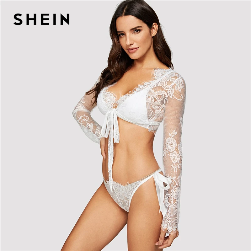 

SHEIN White Knot Floral Lace Solid Long Sleeve V Neck Robe With Thong Lingerie Set Women Sexy Underwear Night Gown Sleepwear