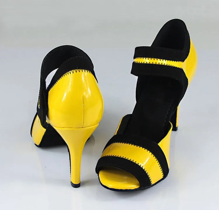 DILEECHI/Новинка; Желтая обувь для латинских танцев из искусственной кожи женские босоножки на высоком каблуке 8,5 см; Бальные Танцевальные Туфли Обувь для танцев на квадратном каблуке