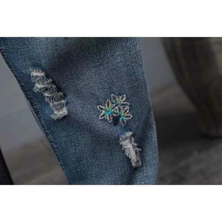 blue jeans Plus Size Women Jeans Embroidery Straight Loose Long Trousers jeans pant
