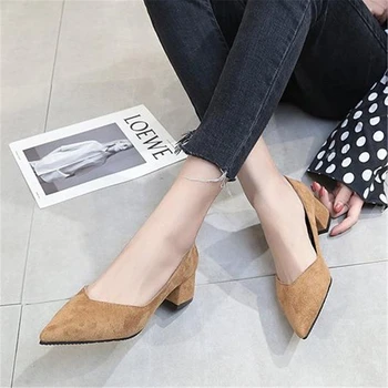

2019 spring new women's shoes Korean version of wild pointed suede single shoes thick with the middle of the ladies work shoes