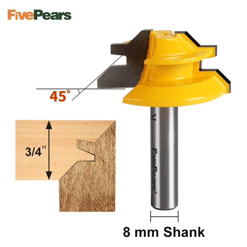 

FivePears Lock Miter Router Bit 45 Degree Width 1-1/2 Inch Milling Cutter with 8mm Shank Woodworking Milling Cutters