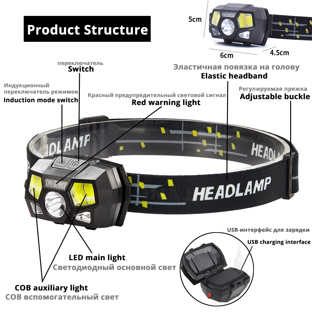 Супер яркий светодиодный налобный фонарь встроенный Индуктивный датчик USB Перезаряжаемый 6 режимов освещения светодиодный налобный фонарь для бега, рыбалки и т. д