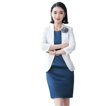 

New Autumn Summer Middle Sleeve Dress + Blazer 2pcs Suit Professional Business White Workers Staff Woman OL Office Lady Uniform