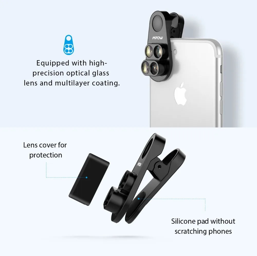 Mpow 4-в-1 HD Камера Dual для высоких и низких лучей и одиночного телефона объектив 0.65X Широкий формат+ 10X макро-объектив+ 160 градусов рыбий глаз для iphone 8, 7, 6, 6S