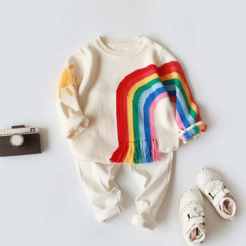 Family Matching Clothing Spring Winter Mother Daughter Son Clothes Rainbow Sweater Costume Sun Cloud Pattern Wool Knitting