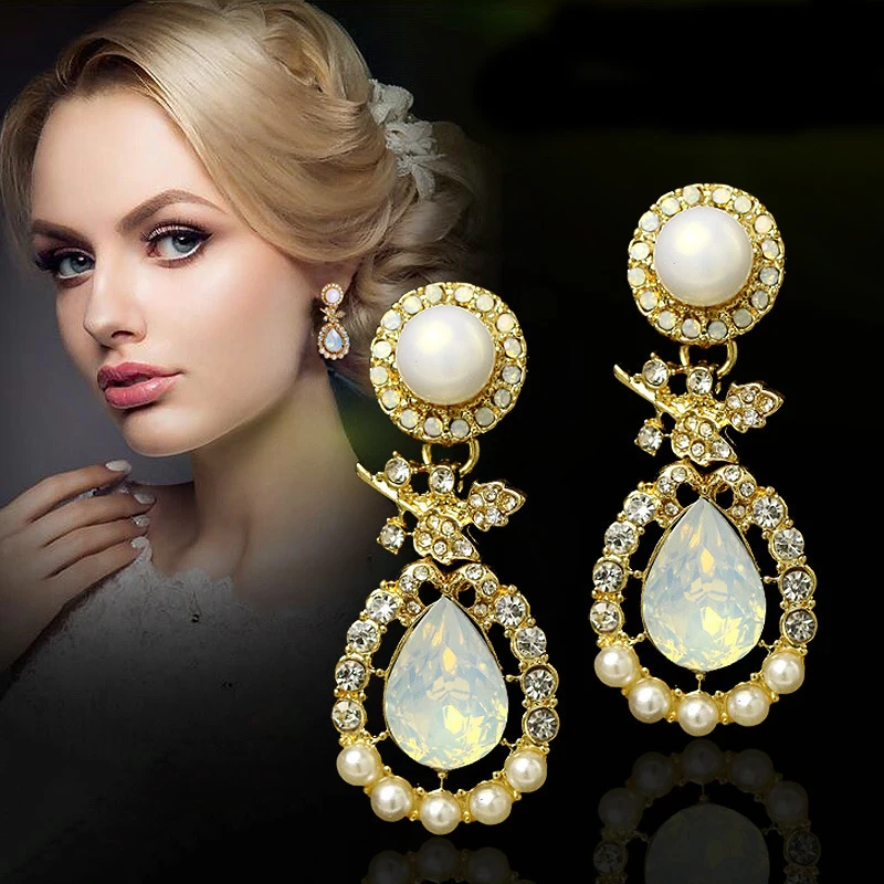 

Fashion Luxury Elegant Geometric Faux Pearl Rhinestone Drop Pendant Statement Earrings For Women Wedding Sexy Chic Jewelry