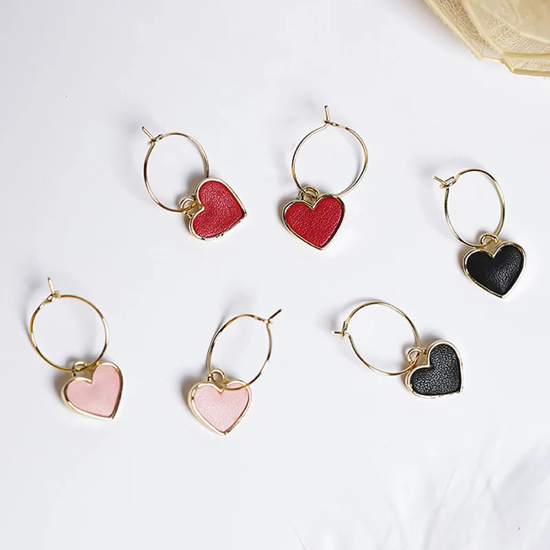 

2019 Sweet Cute PU Leather Love Heart Small Round Circle Loop Hoop Earrings for Women Girls Charm Jewelry gift Pendientes Mujer