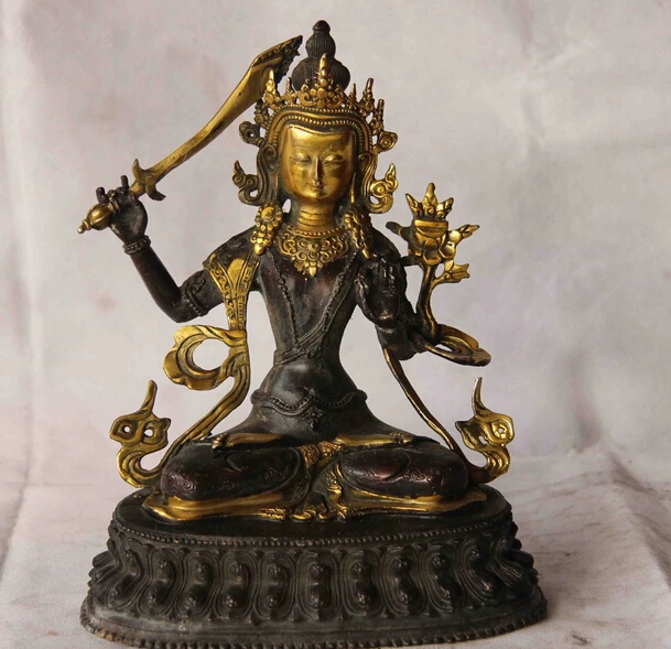 

song voge gem S0940 Tibet Bronze Gild Fane Hold Sword Manjushri Bodhisattva Kwan-yin GuanYin Statue