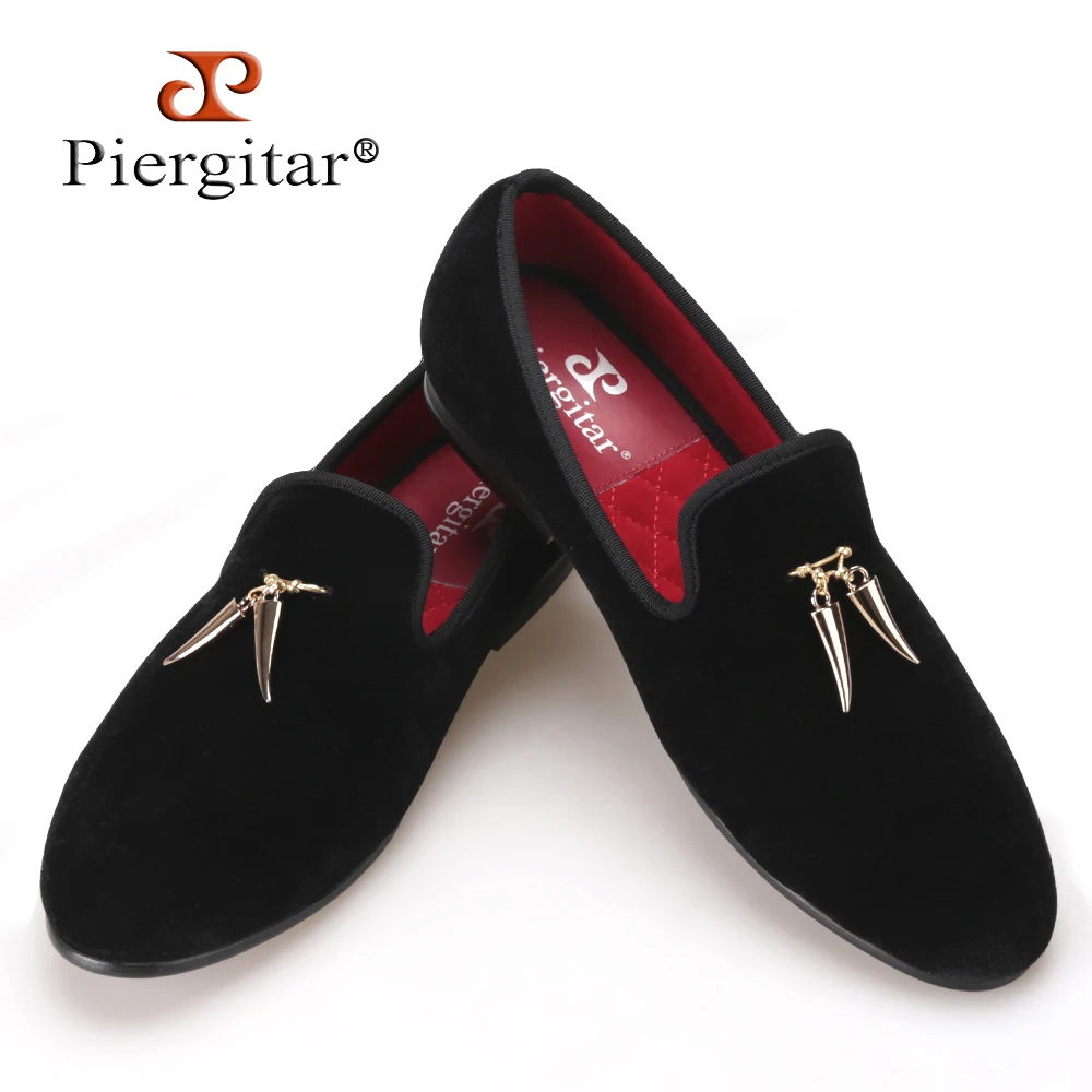 Men/'s Velvet Dress Shoes Loafers Slippers Flats with Gold Metal Shark Tooth New